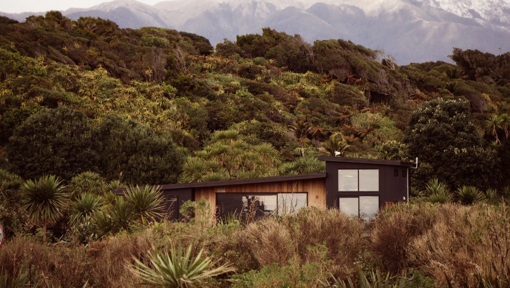 The Tauranga Bay bach, dark-stained with cedar cladding, set into coastal bush below snow-capped ranges
